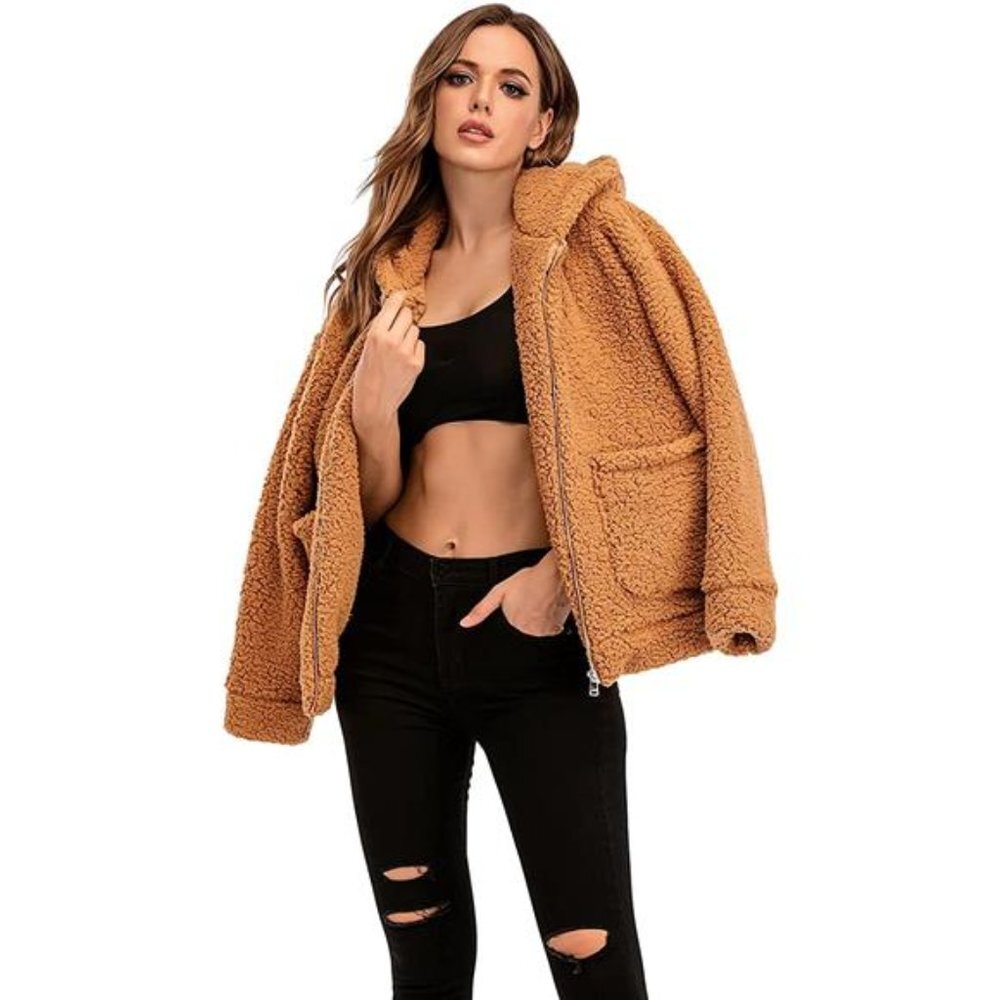 Fleece Fuzzy Faux Shearling Zipper Hooded Warm Winter Oversized Jacket, Camel